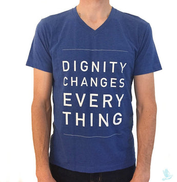 "Dignity Changes Everything" Unisex T-Shirt in Heather Blue V - Neck - Dignity Made